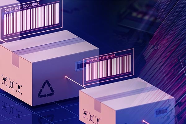 Three boxes with barcodes next to glowing grid pattern.