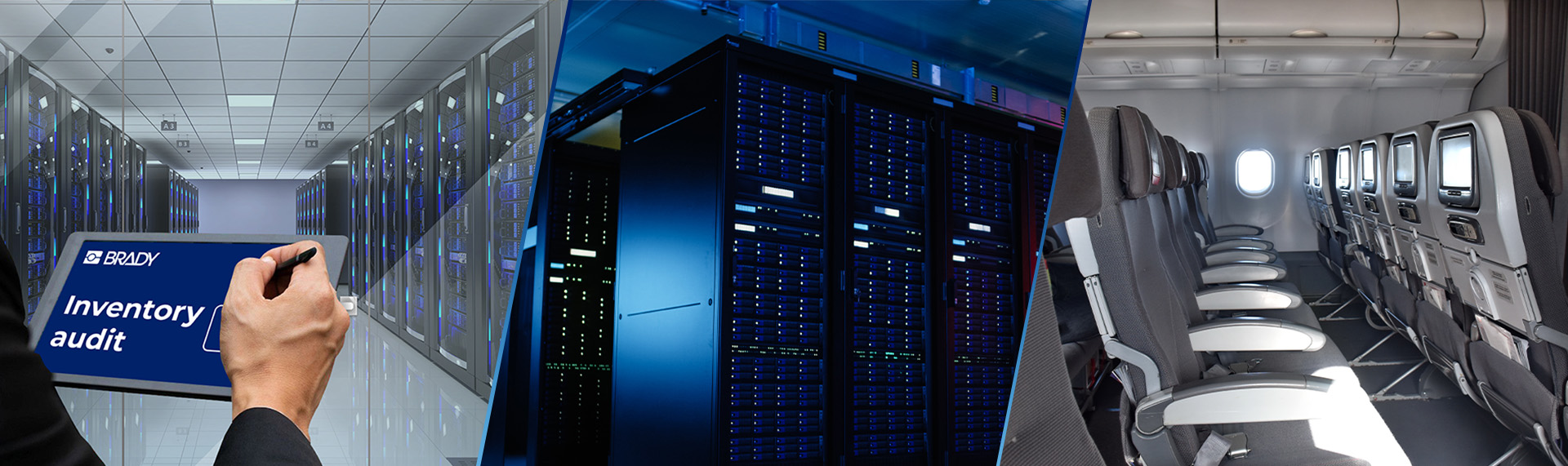 Man using a tablet. Data racks used for an airline management. A row of airline seats.