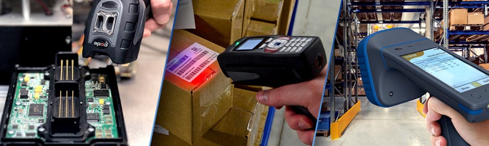 An assortment of barcode scanners in industrial settings.