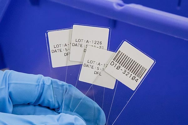 Lab slides with Brady B-425a thermal transfer labels.