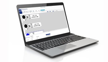 Laptop with label printing software on the screen.