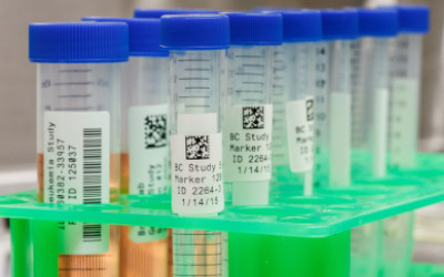 Tray of laboratory vials labeled with a 2D barcode