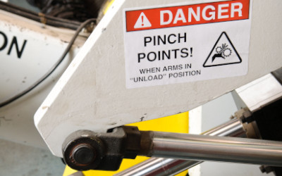 A "Danger: Pinch Points" warning label on a piece of manufacturing equipment.