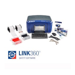 Blue Brady S3700 printer with label material, ribbon cartridges, and LINK360 software.