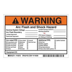 A bright orange arc flash warning label on the outside of an electrical panel.