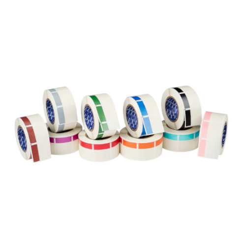 Collage of colored self-laminating label rolls