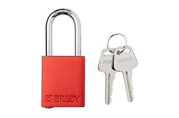 A Brady aluminum padlock with key.