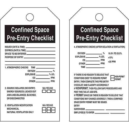Two black and white Brady confined space entry checklist tags.
