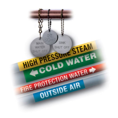 A collection of colorful pipe markers and metallic valve tags.