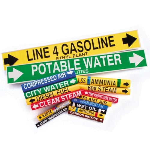 Group of colorful Brady pipe markers, potable water and line 4 gasoline.