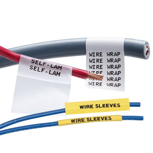A blue cable, a red wire and two blue wires all marked with labels.
