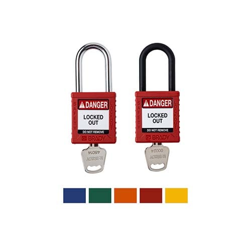 Two red Brady nylon safety lockout padlocks.
