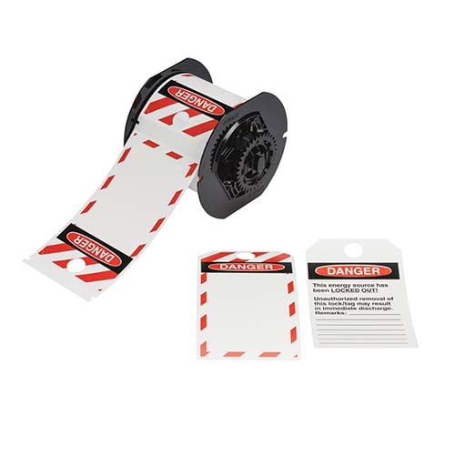 Brady LOTO tags - OSHA danger, printable with red striped border.