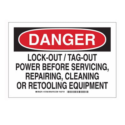 Red and white DANGER sign with instructions to LOTO before servicing.