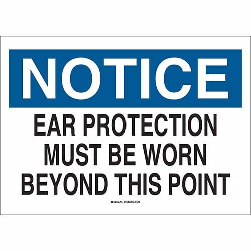 Blue and white Bady warning sign for ear protection beyond this point.  