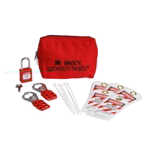 Brady LOTO kit with nylon safety padlock in red pouch.