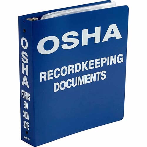 A blue OSHA Record keeping binder.