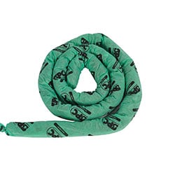 An absorbent tube sock for industrial spill containment.