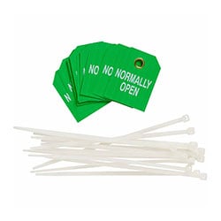 a set of green polyester tags and zip ties