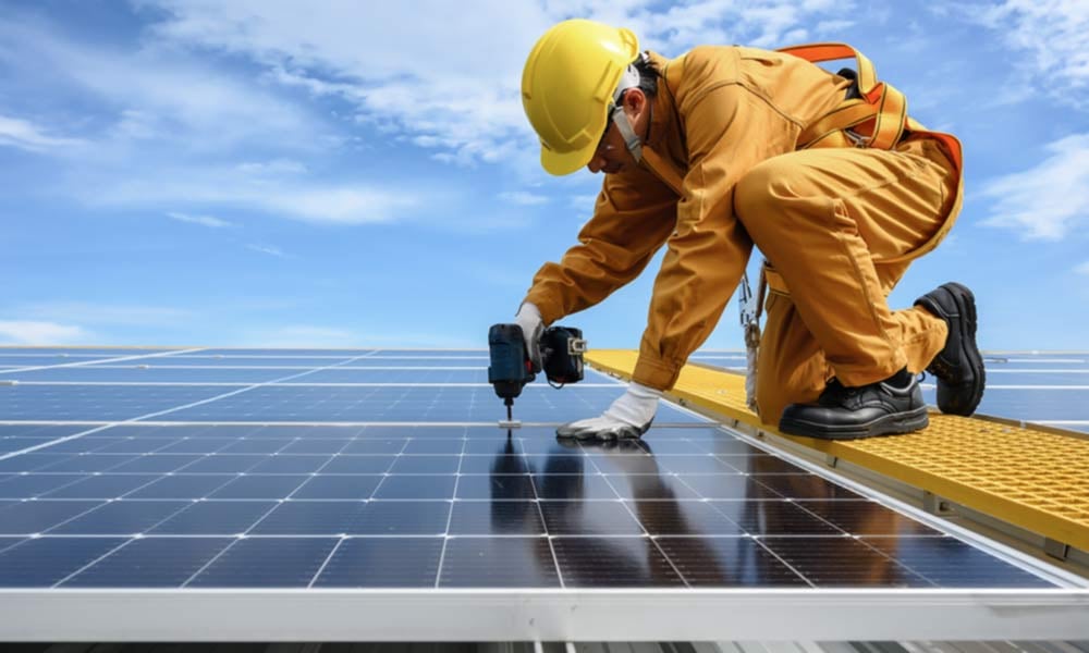 A photograph in which a male solar installation technician kneels on a rooftop, using a power drill on a bolt connecting two of the panels. He wears a yellow hard hat and safety glasses, an orange full-body fall protection harness over a orange work suit, and work gloves and boots. The background includes dozens of panels, a large, fluffy cloud mass, and a small area of blue sky. There is a section of yellow grating next to him to walk on.
