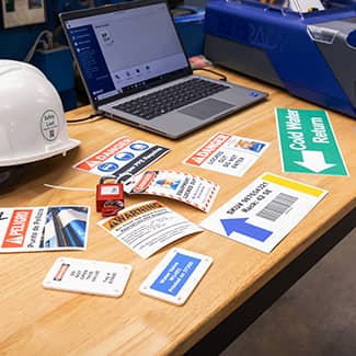 Labels printed with the J7300 spread out across a table, demonstrating the printer’s ability to print vibrant colors, true blacks, photos, barcodes and other information.