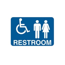 a blue restroom sign