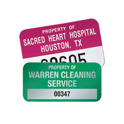 a red and green sample of metal asset tags