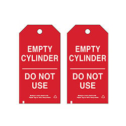 Sample red hang tags that say Empty Cylinder