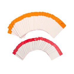 a fanned out set of orange and red tags
