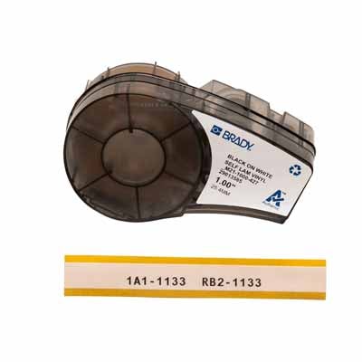 Printer cartridge with a sample of black printing on a clear label.